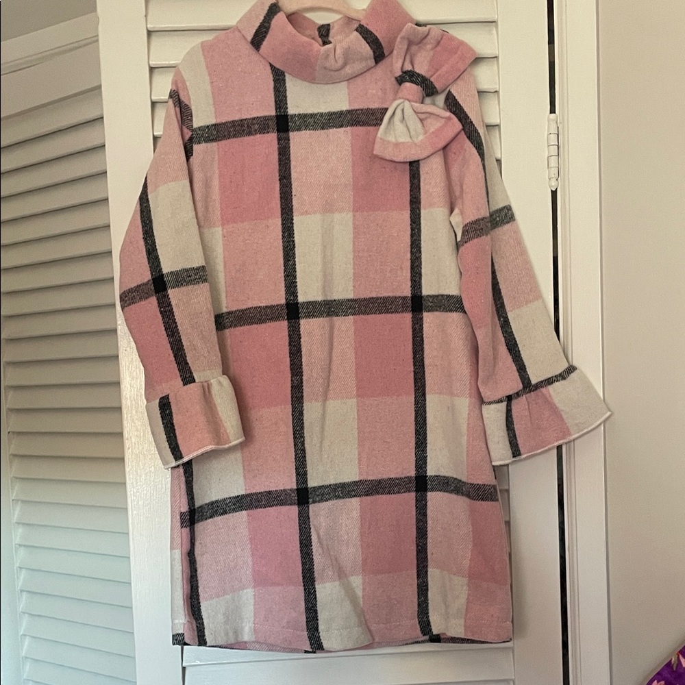 Charming Pink Plaid Kids Sweater Dress with Bow